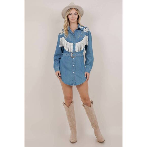 SAINTS & HEARTS Dresses & Skirts - NEW SAINTS & HEARTS embroidery detail fringe denim dress in medium wash